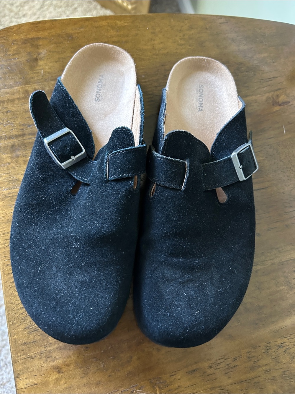 Sonoma women’s Black Suede Slip-On Clogs with Buckle Accent